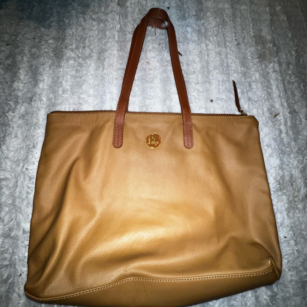 JOY Mangano Luxe Genuine Leather Handbag Tote Camel